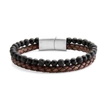 Imagem de Bracelete Masculino Couro Marrom Trançado com Shambala Vulcânica  Aço 