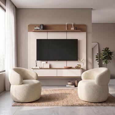 Imagem de Conjunto Sala Painel Suspenso Concept com 2 Prateleiras 180cm Bege MDP MDF e Tecido Boucle Italiano Home Design