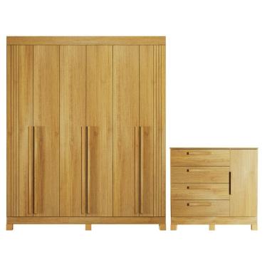 Imagem de Guarda Roupa Casal Pica Pau 6 Portas de Bater 4 Gavetas MDF Cinamomo com Cômoda Quero 1 Porta Valdemóveis