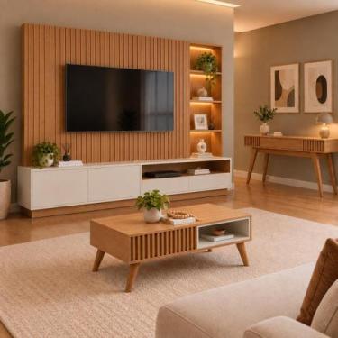 Imagem de Conjunto Sala de Estar 3 Pelas com Estante para TV Ripado Cancun, Mesa