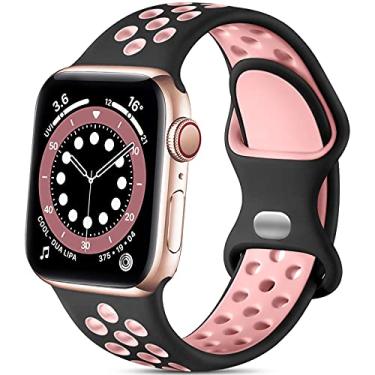 Imagem de Pulseira de silicone de substituição Lerobo compatível com Apple Watch 9, 8, 7, 6, 5, 4, 3, 2, 1, SE e Ultra 2, de 41 mm, 40 mm e 38 mm, macia, unissex, edição esportiva, preta/rosa, P/M