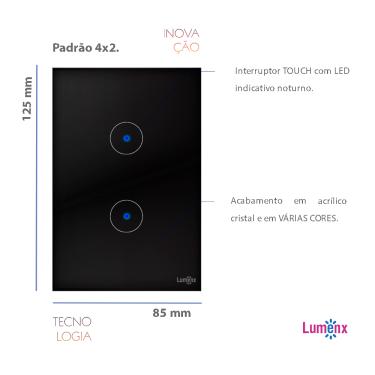 Imagem de Interruptor De Luz Touch Tok Glass 2 Botões Preto Lumenx