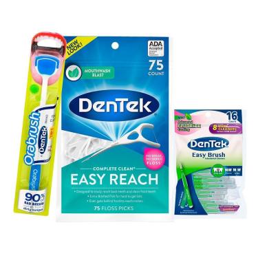 Imagem de Kit Dentek Escova de Língua Orabrush + Fio Dental Easy Reach 75un + Escova Easy Brush Fino c/ 16un