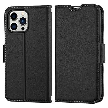 Imagem de Capa carteira para iPhone 13 Pro Max/13 Pro/13/13 Mini, capa de couro legítimo premium com suporte para cartão capa flip magnética para notebook, preta, 13 Pro Max 17 cm