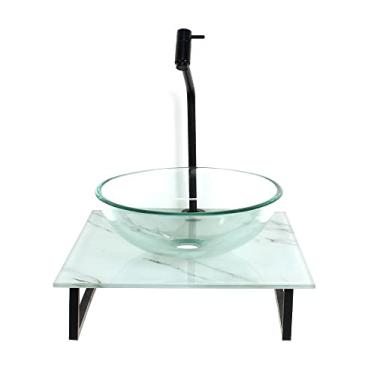 Imagem de KIT CUBA DE VIDRO REDONDA 10MM INCOLOR COM TAMPO DE VIDRO 40CM X 40CM MÁRMORE BRANCO E SUPORTE PRETO