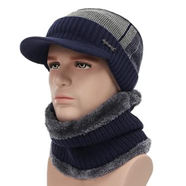 Imagem de Yajun Gorro de lã para homem conjunto de cachecol infinito aquecedor de pescoço com forro polar de inverno térmico chapéus de malha quente para desportos ao ar livre, Navy, One Size