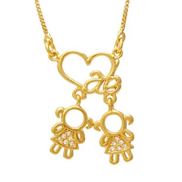 Imagem de Colar de Filhos Mãe de Duas Filhas Meninas com Coração Folheado em Ouro 18K SoftJoias