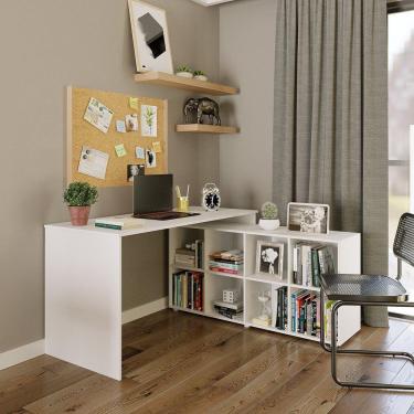 Imagem de Mesa Escrivaninha Barcelona em L com 8 Nichos DRD Móveis Branco Perfect Wood