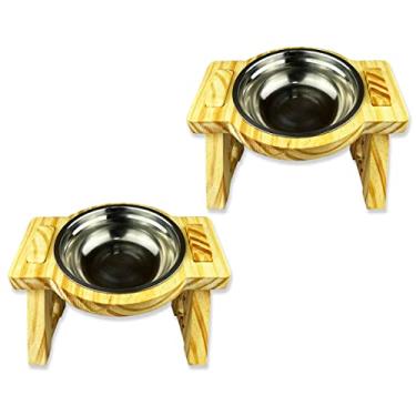 Imagem de 2 Comedouro Elevado Ergonômico Cães E Gatos 1 Pote Madeira Clara