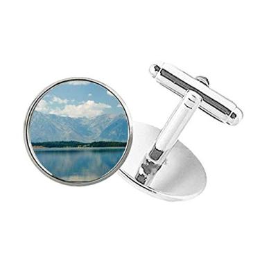 Imagem de DIYthinker Abotoaduras com clipe de botão redondo Mountain River Forest Reflection Sky Cloud