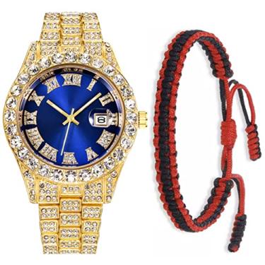 Imagem de Relógio de pulso masculino Hip Hop com diamantes e strass de cristal, relógio dourado e prata de aço inoxidável brilhante para homens, Dourado, azul,