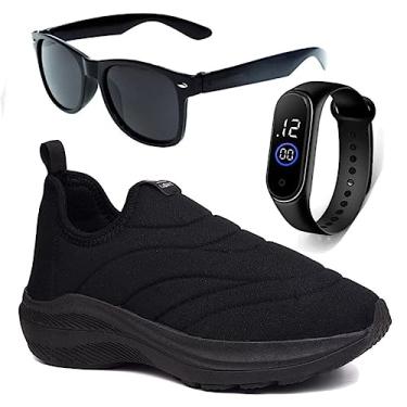 Imagem de Tenis Infantil Meninos Meninas Calce Facil Leve Tipo Meia + Oculos Relogio Cor:Preto;Tamanho:35