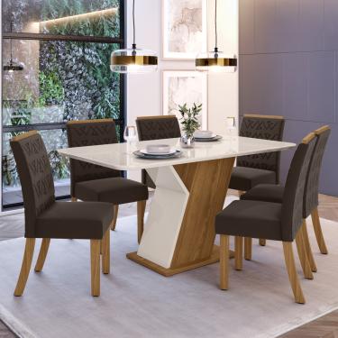 Imagem de Conjunto Sala de Jantar Tampo MDF com Vidro Canto Arredondado 160 Cm 6 Cadeiras Juanita  Casa 812 - Nature com Off White e Marrom Expresso