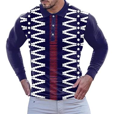Imagem de Chinelo masculino fashion casual esportivo abstrato impressão digital lapela botão manga longa punho top glitter, Azul marino, M