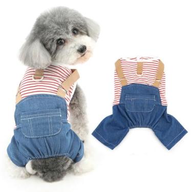 Imagem de Ranphy Macacão jeans para animais de estimação, camisetas listradas fofas para cães pequenos, meninas, meninos, filhotes, macacões clássicos com bolso, roupas de primavera e verão, roupas Yokie