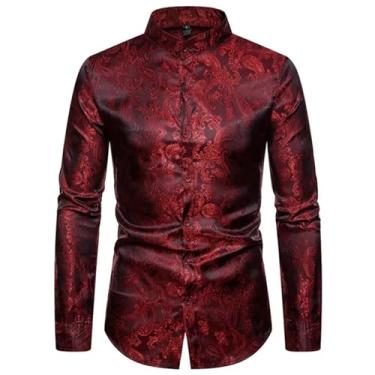 Imagem de Camisa masculina Paisley casual manga longa gola mandarim camisa masculina formal de negócios social para homens, Vermelho, M
