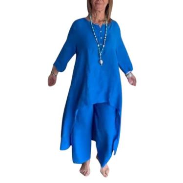 Imagem de Conjunto casual de 2 peças para mulheres, roupa maxi de linho de manga comprida, calça de perna larga, conjunto de roupa de treino combinando de linho de verão, Azul, 3X-Large