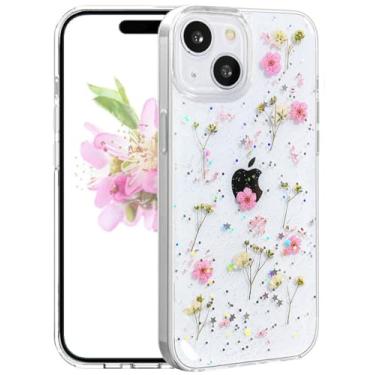 Imagem de CEOKOK Capa transparente para iPhone 12 Mini/13 Mini com flores prensadas de verdade com glitter, padrão floral brilhante e fino, macio, protetor de TPU (rosa)