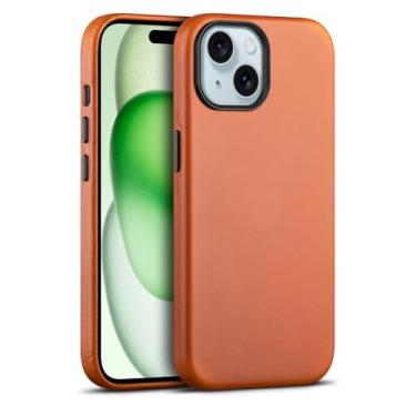 Imagem de maogoam Capa de couro para iPhone 15 Plus, couro genuíno curtido vegetal para iPhone 15 Plus de 6,7 polegadas, compatível com MagSafe, estilo elegante, laranja