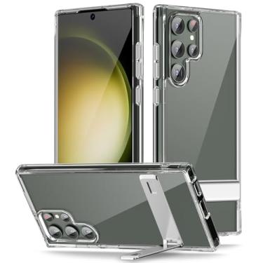 Imagem de oakxco Capa para Samsung Galaxy S23 Ultra Stand transparente com suporte de metal embutido, plástico rígido transparente e silicone TPU borda macia capa protetora resistente para celular, fina e à