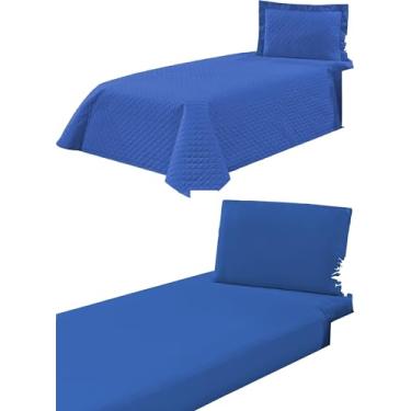 Imagem de Cobre Leito Colcha Solteiro Kaique, +Jogo de Lençol Solteiro Solene 4 Peças (Azul)