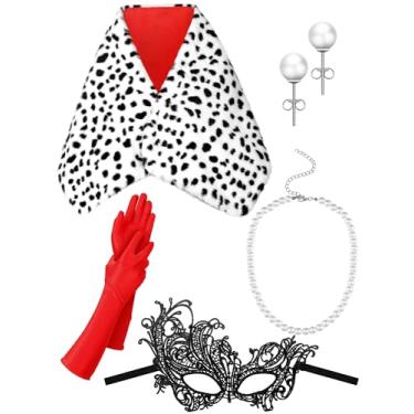 Imagem de Yaomiao Conjunto de xaile de Halloween dálmata feminino, 5 peças, acessórios de estola sintética, cachecol preto e branco, luvas vermelhas da década de 1920, máscara de máscara, colar de pérolas e