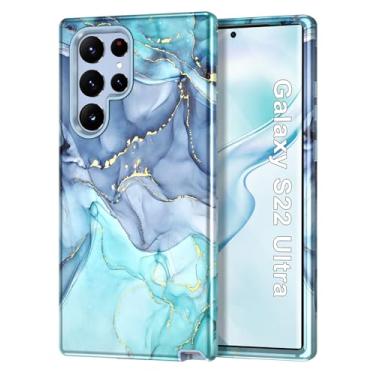 Imagem de Btscase Capa para Samsung Galaxy S22 Ultra 5G, padrão de mármore, 3 em 1, resistente, à prova de choque, de corpo inteiro, resistente, PC rígido + silicone macio para mulheres e meninas, capas para