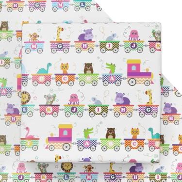 Imagem de Papel de embrulho de desenho animado para crianças, 4 folhas de trem do alfabeto com design animal, papel de embrulho girafa leão coala elefante 50 x 71 cm para chá de bebê, aniversário, meninos e