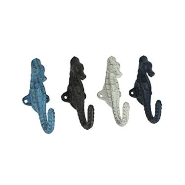 Imagem de Zeckos Set of 4 Coastal Cast Iron Seahorse Wall Hooks - Decorative Ocean Hooks for Towels, Bags, and More - Easy Installation - Vibrant Colors - 5 Inches High