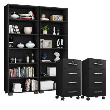 Imagem de Kit 2 Gaveteiros para Escritório Gávea com Chave e 2 Livreiros Office Preto Fosco - Móveis Leão