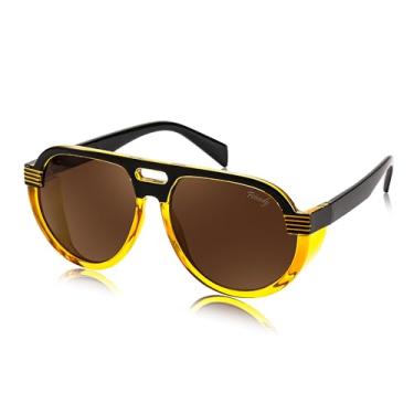 Imagem de FEISEDY Óculos de sol aviador Steampunk com protetores laterais para homens e mulheres anos 80 retrô top plano superdimensionado B0096, Fama amarela preta/lente marrom, 58MM