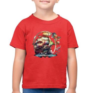 Imagem de Camiseta Algodão Infantil Navio e Flores - Foca na Moda, Vermelho, 2