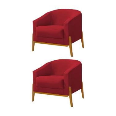 Imagem de Kit 2 Poltronas Living Base em Madeira Maciça Flórida Veludo Vermelho 