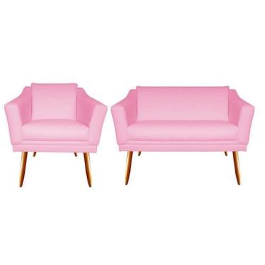 Imagem de Kit Namoradeira + 1 Poltrona Decorativa Agatha Suede Rosa Bebê Pés Mad
