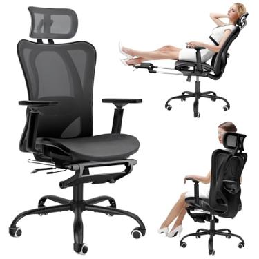 Imagem de Decofy Cadeira de escritório ergonômica com suporte lombar ajustável e encosto de cabeça, cadeira de mesa para casa com encosto alto com braços dobráveis, apoio para os pés, 4 ângulos reclináveis e