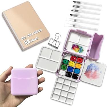 Imagem de Mini conjunto de aquarela de viagem, conjuntos de tinta guache para artista, bolso, caixa de paleta de grade de viagem, canetas pincel de esboço com clipes de fichário para pintores artistas