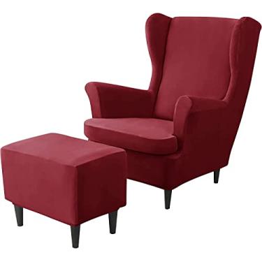 Imagem de Conjunto de capas de cadeira com asa elástica, 2 capas para cadeira com encosto traseiro e 1 capa otomana, capa removível para cadeira com encosto retangular para sala de estar e quarto (vermelho