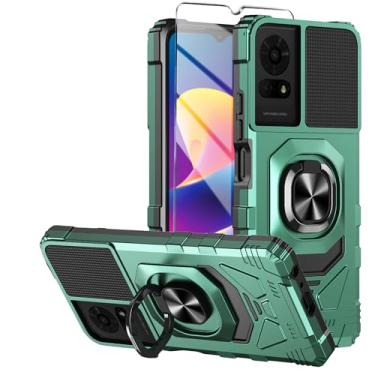 Imagem de Mocotto Capa para celular TCL K24/TCL K23/TCL 50 LE com protetor de tela de vidro temperado, capa protetora resistente à prova de choque de grau militar, com suporte de anel (TCL K24, verde escuro)