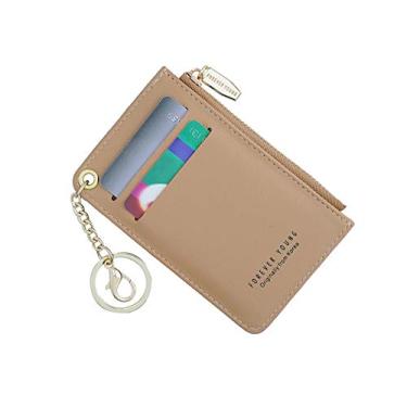 Imagem de Carteira pequena feminina fina de couro para cartões com porta-cartões e porta-moedas com chaveiro (cáqui)