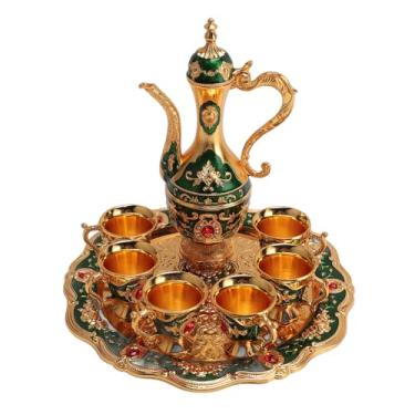 Imagem de Conjunto de Pote de café Em Liga Metálica Com 6 Copos, Artesanato Em Relevo Requintado, Boa Decoração para Casamento, Aniversário, Vintage, Zinco Europeu (Ouro Verde)