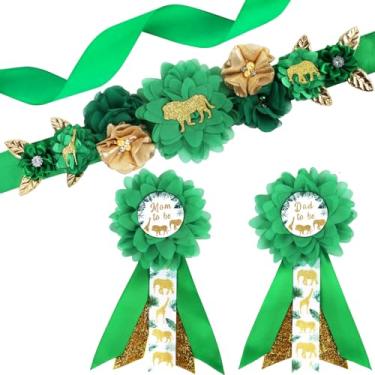 Imagem de JOYMEMO Kit de faixa de maternidade para chá de bebê de animais da selva verde e dourado – cinto de barriga para chá de bebê de animais safári e broches de corsage para mamãe e papai, acessórios para