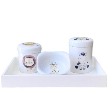 Imagem de Kit higiene bebê Safari 4 peças - Bandeja, potes e molhadeira - Peças 