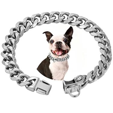 Imagem de Coleiras para cães de aço inoxidável com trava de fivela de segurança, coleira de treinamento de corrente de elos cubanos 18K, colar forte de 15 mm, à prova de mastigação para cães pequenos, médios e grandes