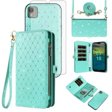 Imagem de Asuwish Capa de celular para Nokia C110 carteira com zíper destacável com protetor de tela de vidro temperado alça transversal alça com glitter flip porta-cartão slot C 110 4G N156DL mulheres meninas