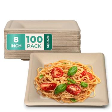 Imagem de Fit Meal Prep [Pacote com 100] Pratos de papel compostáveis, pratos quadrados biodegradáveis de 20 cm, pratos de sobremesa descartáveis resistentes, prato ecológico de cana de açúcar para festa,