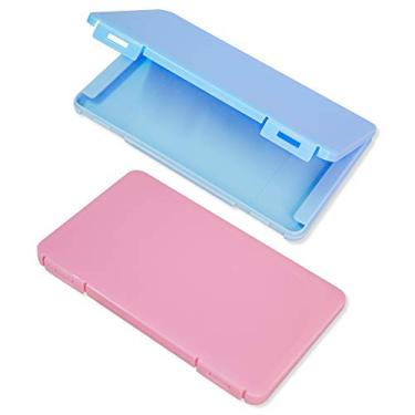 Imagem de Pacote com 2 caixas de armazenamento de máscara portátil da Kalolary, organizador de estojo de armazenamento de plástico, pasta reutilizável para guardar, recipiente de máscara descartável à prova de poeira, clipe de armazenamento (rosa e azul)