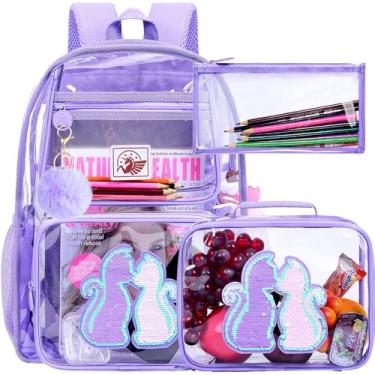 Imagem de gxtvo Mochila transparente para meninas e meninos, bolsa infantil transparente, 3 peças, linda bolsa escolar transparente para pré-escola primária, Conjunto de 2 gatos com lantejoulas transparentes e
