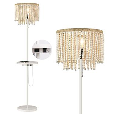 Imagem de ELYONA Luminária De Chão Estilo Boho Com Mesa, Luminária De Pé Com Contas De Madeira De Bétula Com Portas De Carregamento Usb Tipo C E Tomada, Luminária De Leitura Alta De 58 Polegadas, Luminária D