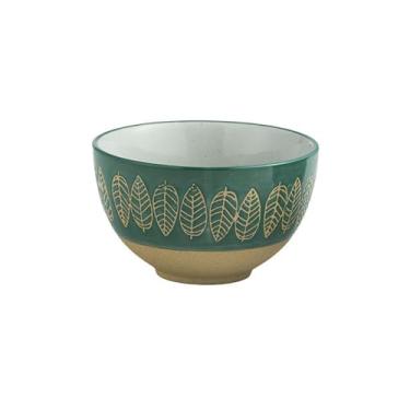 Imagem de Tigela de arroz vintage de argila grossa, tigela de pernas altas em relevo estilo japonês - tigela de folha de leque azul-verde de 11,4 cm