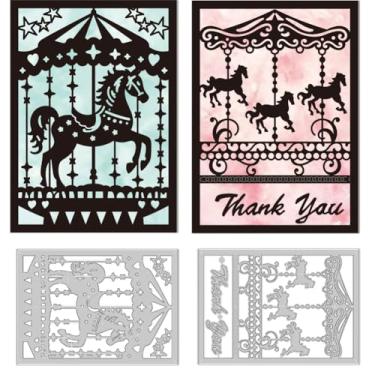 Imagem de DELORIGIN Cortes de matriz de carrossel para fazer cartões, moldes de corte de aço carbono, estêncil, scrapbook, moldura redonda, molde de gravação em relevo para festa de aniversário, álbum de fotos,